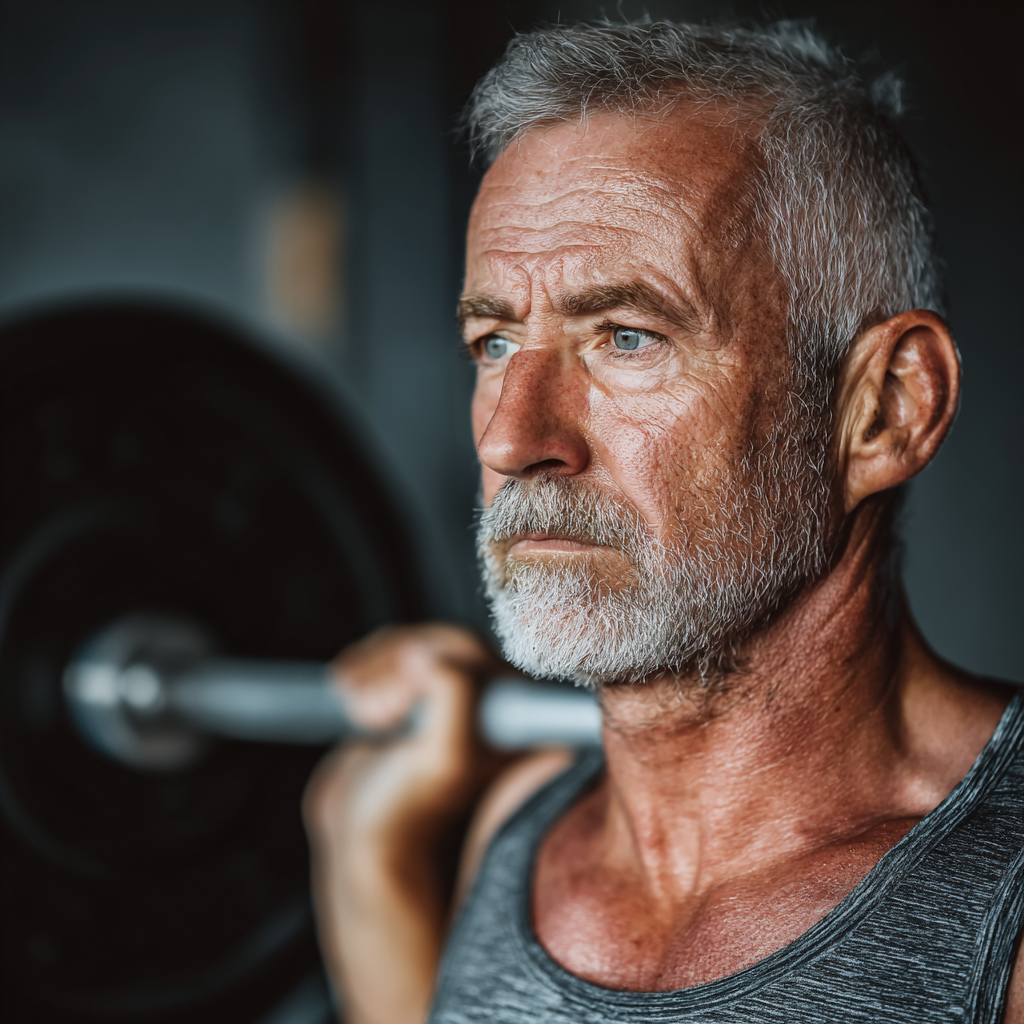 Чоловік 58 років виконує силові вправи зі штангою, демонструючи правильну техніку та концентрацію