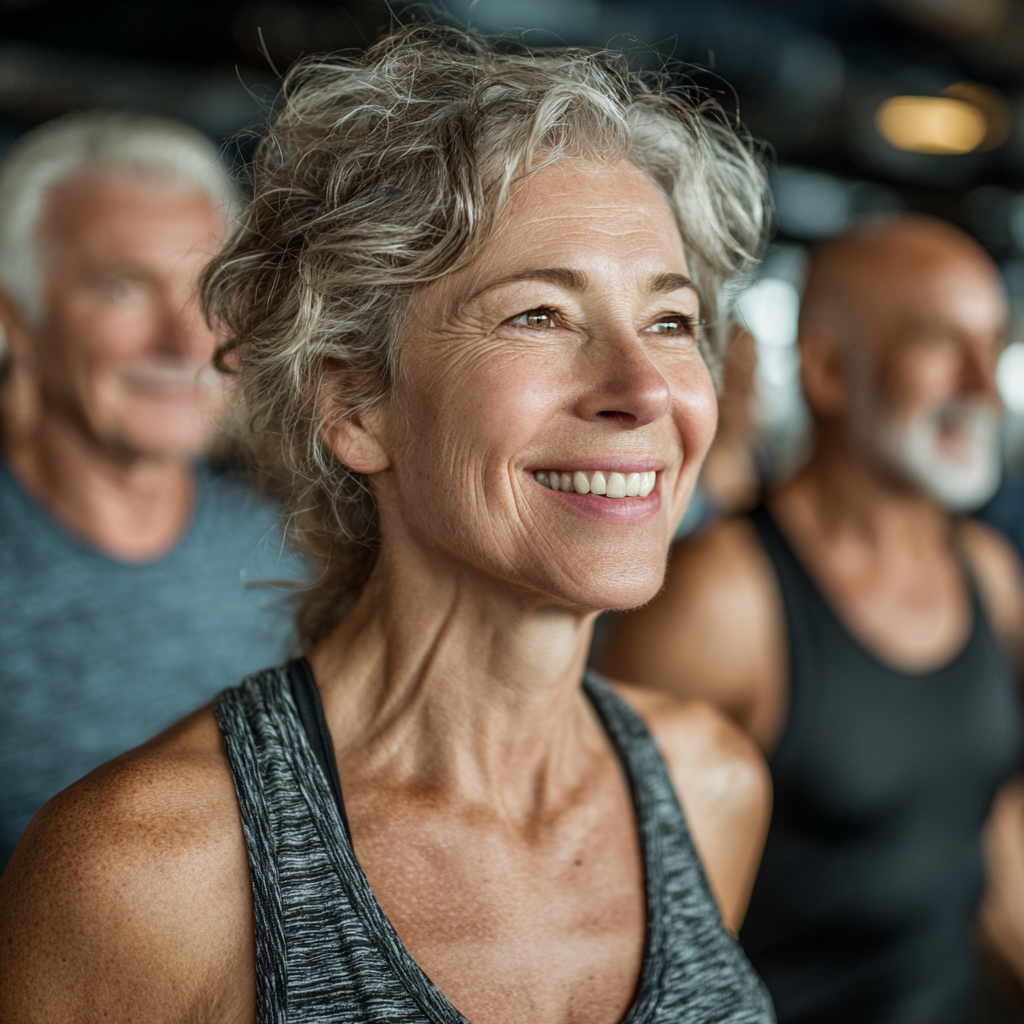 Група активних людей віком 50-60 років під час групового фітнес заняття у залі, всі посміхаються та рухаються синхронно