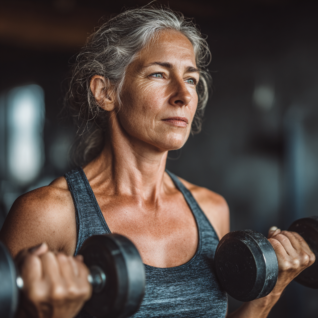 Активна жінка 55 років виконує силові вправи з гантелями у спортзалі, демонструючи силу та витривалість