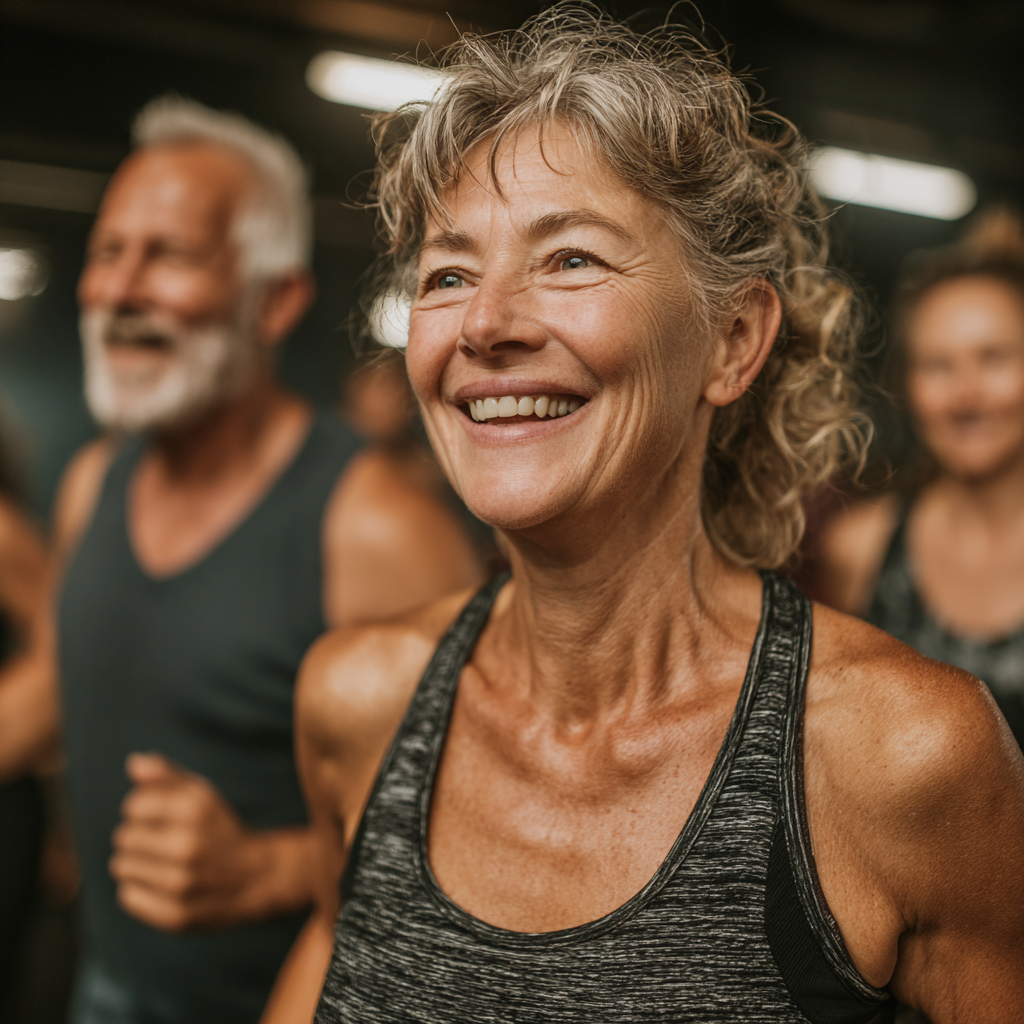 Група людей віком 50-60 років на кардіо тренуванні, активно рухаються та посміхаються